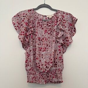 Blouse with red floral smocked waist and ruffle sleeves size S